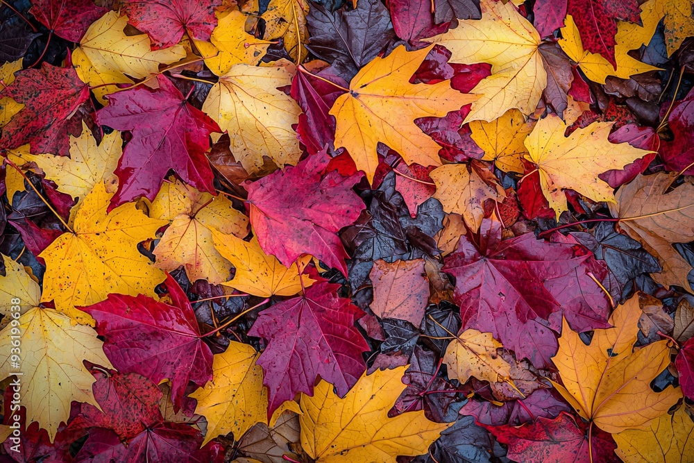 Poster Multicolor autumn foliage background with natural light. Majestic autumn foliage color background with natural light.