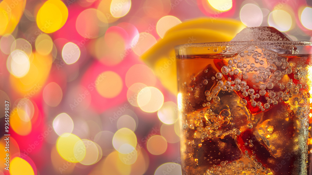 Poster refreshing glass of cola filled with ice cubes and a slice of lemon, against a vibrant background of