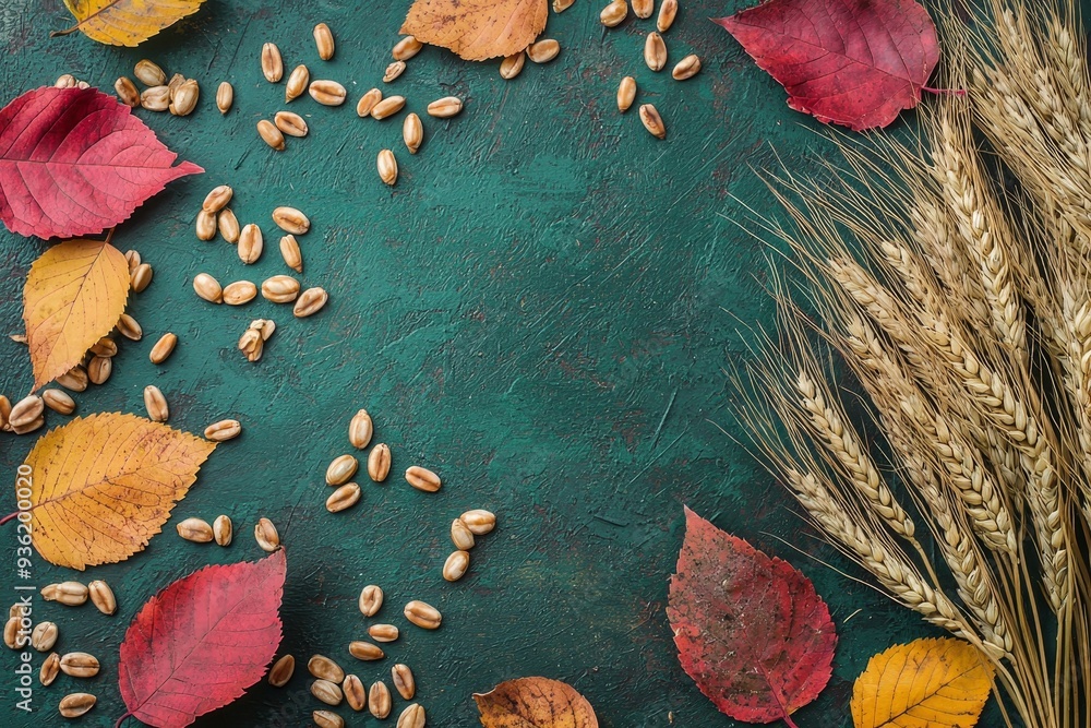 Poster The leaves of an autumn tree with wheat ears are set against a color background