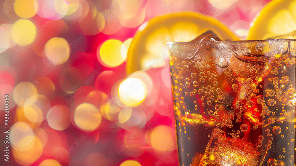 Poster refreshing glass of cola filled with ice cubes and a slice of lemon, against a vibrant background of