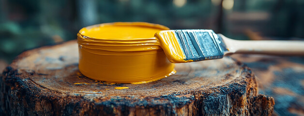 wide closeup photo of yellow color paint pot and paint brush on a natural tree log 