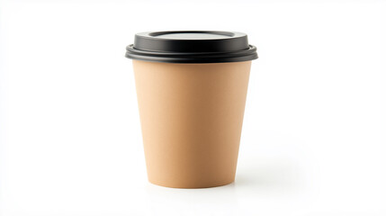 Disposable paper coffee cup standing on white background