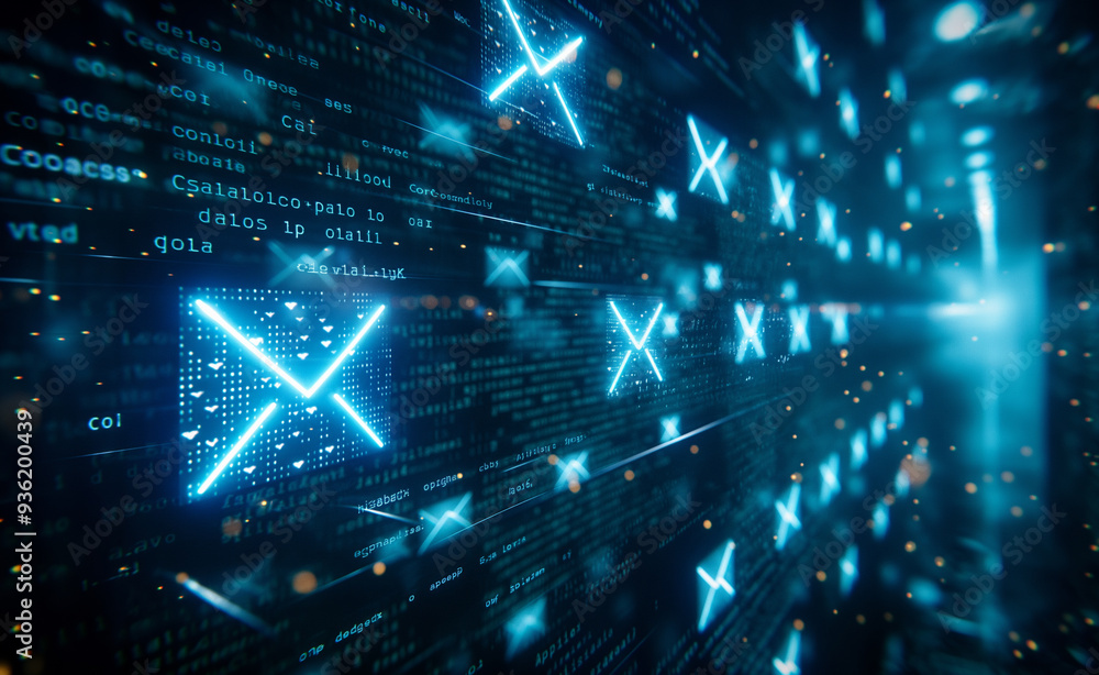 Poster glowing digital icon of an envelope representing email, surrounded by a matrix of blue and orange da