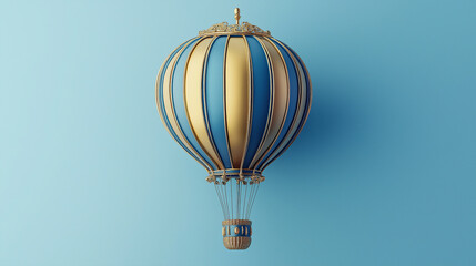 Obraz premium Blue and gold hot air balloon floating on sky blue background
