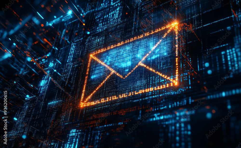 Poster glowing digital icon of an envelope representing email, surrounded by a matrix of blue and orange da