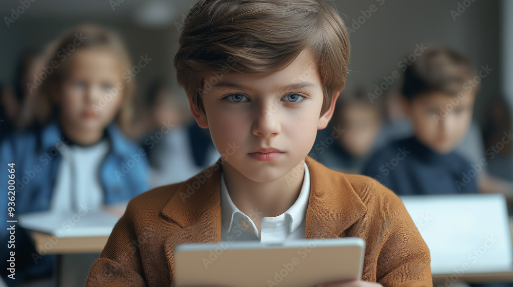 Poster Serious schoolboy using digital tablet during lesson in classroom