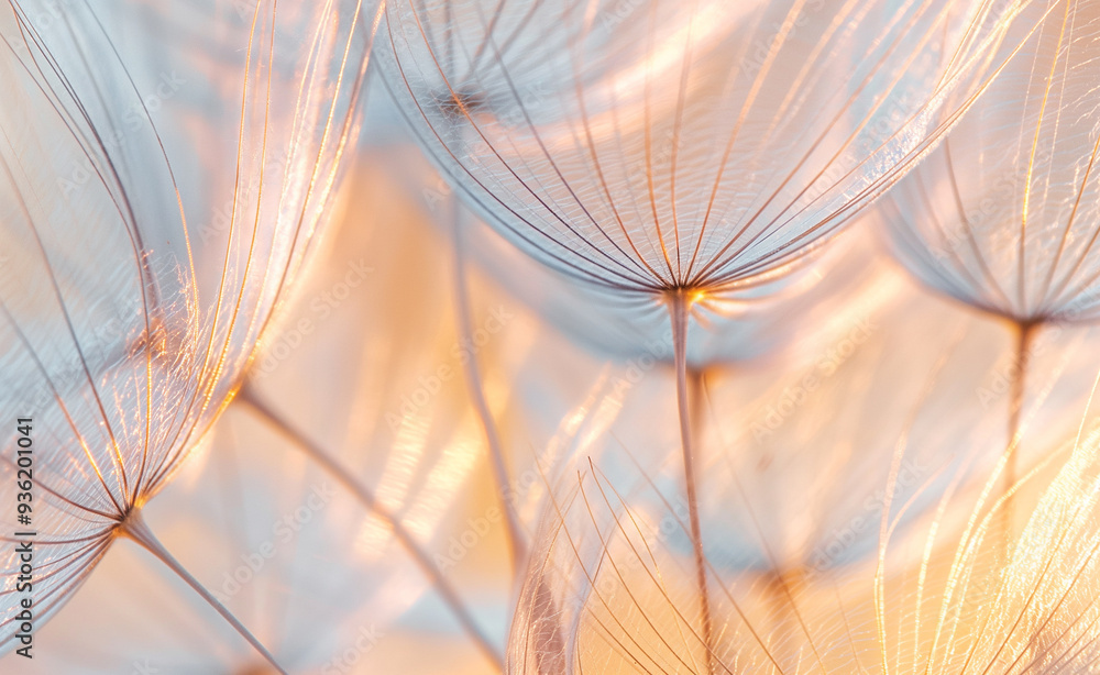 Poster a delicate close-up of dandelion seeds softly illuminated, emphasizing their fragile beauty and the 