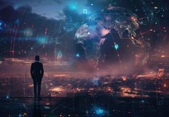 Obraz premium Businessman standing in front of a glowing digital Earth with network connections and icons on a city background, a concept for global business technology or social connection Generative AI
