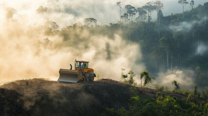 Fototapeta premium Yellow bulldozer destroying lush green forest for palm oil production