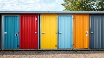 Exterior view of small, brightly colored metal storage units, showcasing their compact and organized layout.
