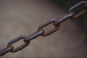 vintage rusty metal chain close-up on a blurred light background. rusty mossy chains.  used as a fence.