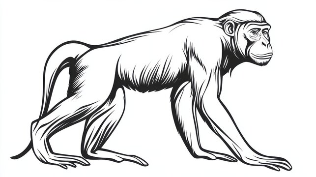 recommend clip art: Outline illustration of a black and white monkey for drawing and coloring on white background