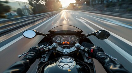 POV shot of young man riding on a motorcycle. Hands of motorcyclist on a street