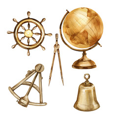 watercolor set of vintage nautical equipment, old brown globe of earth, navigation tools, sextant and divider, metal ship bell, steering wheel of boat, historical illustration, for adventure posters © TATIANA
