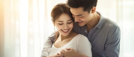 Fototapeta premium A man embracing a woman while smiling at each other