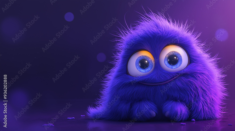 Wall mural adorable fluffy purple monster smiling on dark background