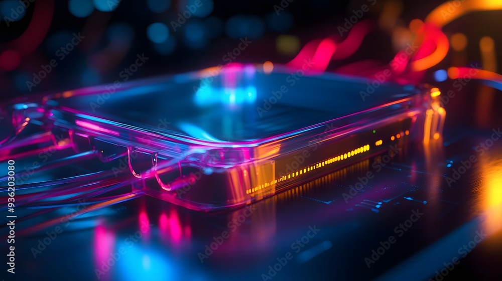 Poster 6. a high-tech internet router with visual data flow streaming through transparent cables