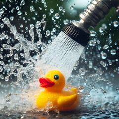 Whimsical rubber duck floats on a serene pond amidst a magical, sunlit  glade