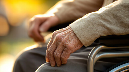 Senior man sitting in wheelchair resting his hands on his lap