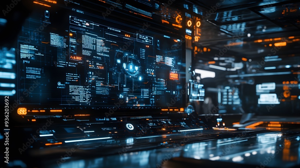 Poster 7. a futuristic network interface with floating icons and holographic screens displaying data