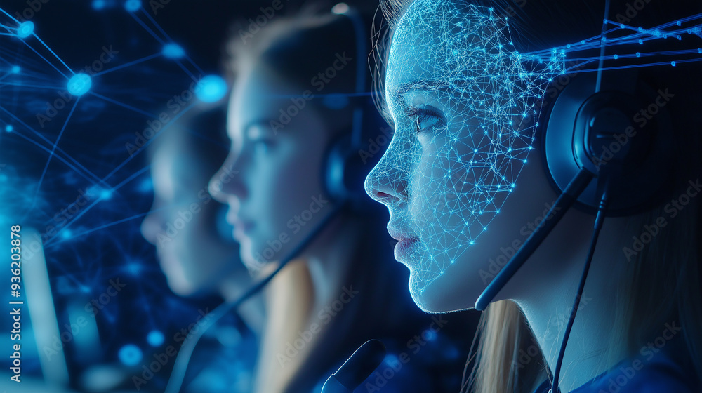 Poster Customer service representatives working with artificial intelligence technology