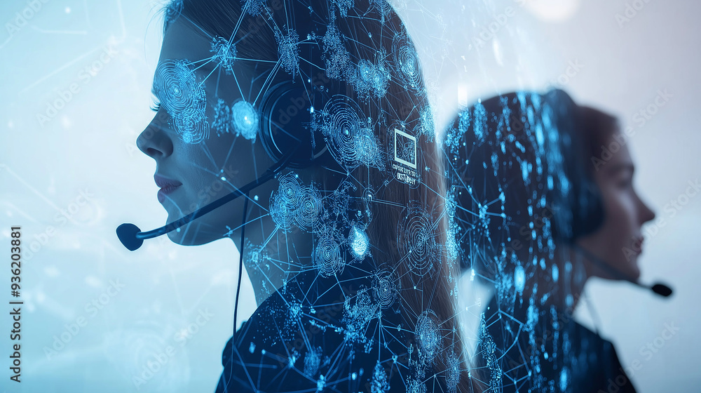 Poster Call center operators providing technical support using ai software
