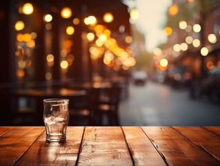 Eyecatching Wooden table with blurred restaurant scene