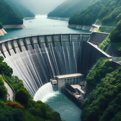 Aerial view of a hydroelectric dam, water cascading over the edge, generating electricity, lush greenery surrounding, high-energy water flow