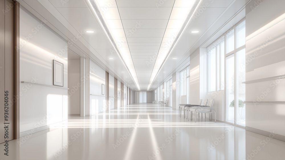 Poster sunlight illuminating empty hospital corridor with waiting chairs