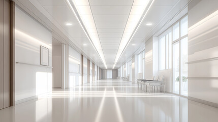 Fototapeta premium Sunlight illuminating empty hospital corridor with waiting chairs