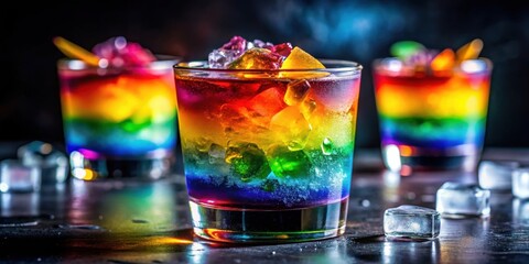 Close-up shot of a vibrant cocktail with colorful layers showing glistening ice cubes , cocktail, drink, close-up