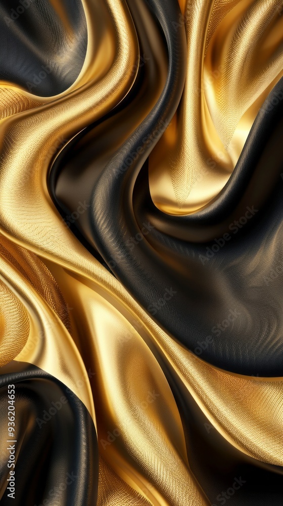 Poster richly colored satin fabric in luxurious golden and deep black tones flows gracefully, showcasing in