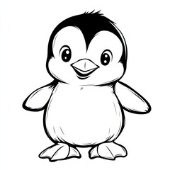 Outline illustration of a black and white penguin for drawing and coloring on white background
