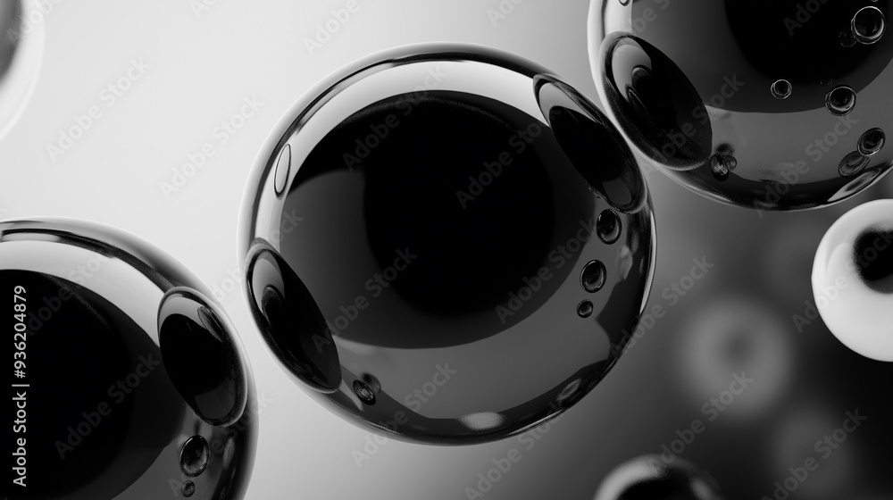 Poster group of black spheres floating on a monochromatic background