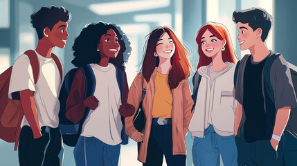 Diverse group of students walking and talking in school hallway