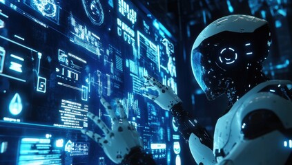 Futuristic robot is interacting with digital screens displaying various data and icons, representing the integration of AI technology in business. The background features dark blue tones