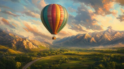 Fototapeta premium Hot air balloon, painted in vivid colors, drifting over a green valley, framed by a road and towering mountains at dawn