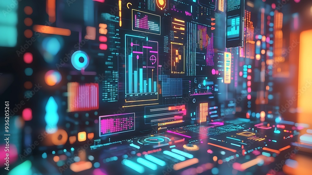 Poster futuristic digital interface illuminated by neon lights and streaming data, representing advanced te