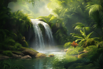 Tranquil, peaceful waterfall, cascading, clear water, lush greenery, high quality, photorealistic, hidden oasis, serene, rainforest