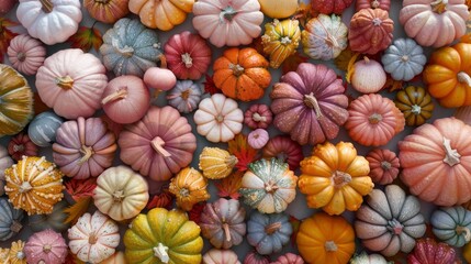 Small pumpkins and gourds in an array of colors fill the rustic surface, creating a cheerful display that embodies the spirit of autumn harvest festivals and seasonal celebrations