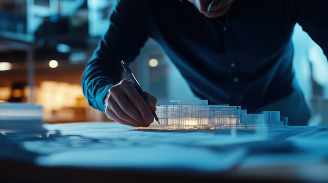 A structural engineer analyzing a building model, with blueprints spread out on a table
