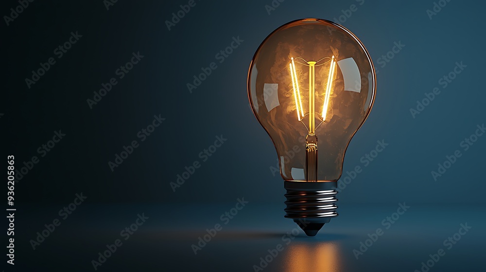 Poster illuminated light bulb with a vintage filament against a blue background, casting a warm glow and cr
