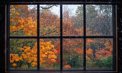 View from the large window on misty autumn landscape