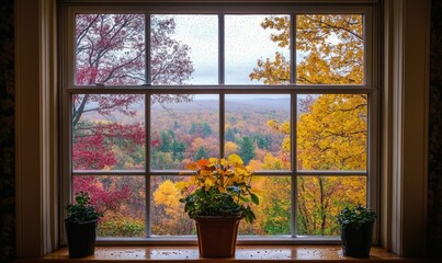 View from the large window on misty autumn landscape
