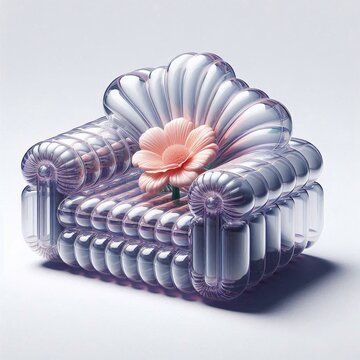 11h Inflatable sofa, made of transparent plastic material, with flower inside the armchair, on a white background. 3D rendering in a futuristic style, created using C4D, Blender, and OC Renderer. High