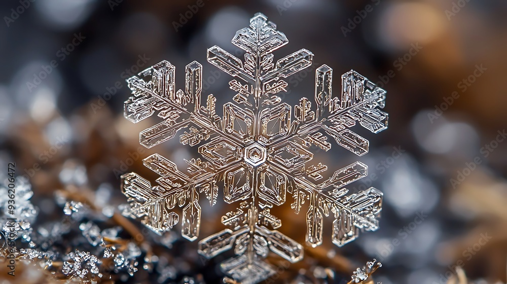 Poster macro shot of a delicate snowflake with intricate patterns, showcasing its unique beauty.
