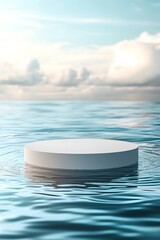 The image features a blank white round podium set against a background of gentle water ripples. The scene is ultra-realistic and highly detailed