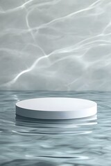 The image features a blank white round podium set against a background of gentle water ripples. The scene is ultra-realistic and highly detailed