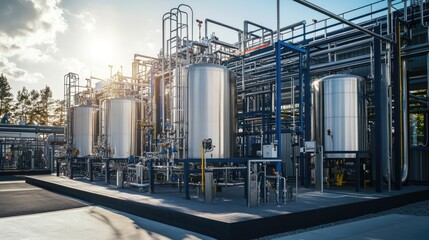 Naklejka premium Industrial hydrogen power plant with shiny steel tanks and extensive piping, emphasizing green H2 energy production.