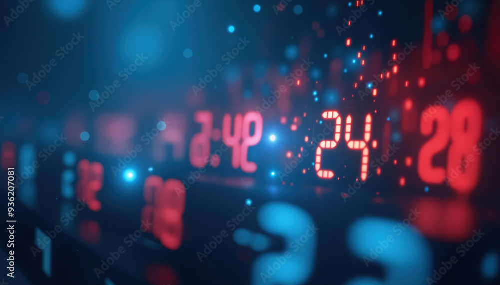 Poster red and blue financial numbers display: abstract close-up of a digital display with red and blue num
